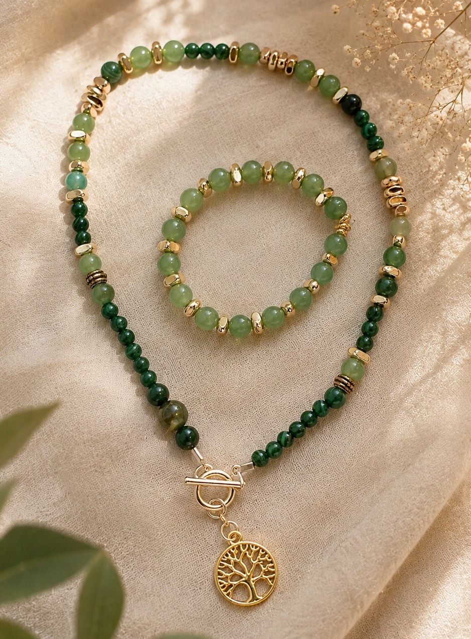 Halskette-Armband-Set LIFE - Jadeit + Tigerauge + Hämatit